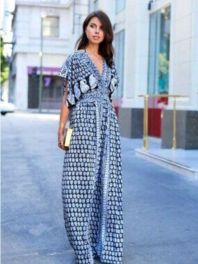 Calypso St. Barth Silk Paisley Maxi Dress Blue Sz Small Flowy Gown Boho Resort